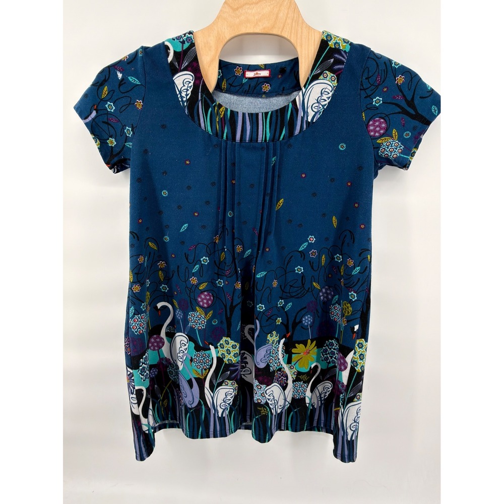 Joe Browns Swan Floral Print Top Womens 12 Teal Blue Pleated Whimsical Boho